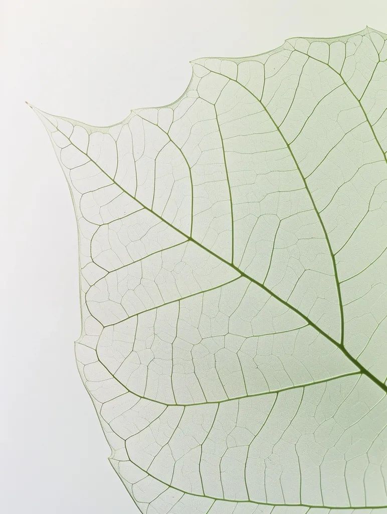 Close-up of a translucent green leaf and its fine veins